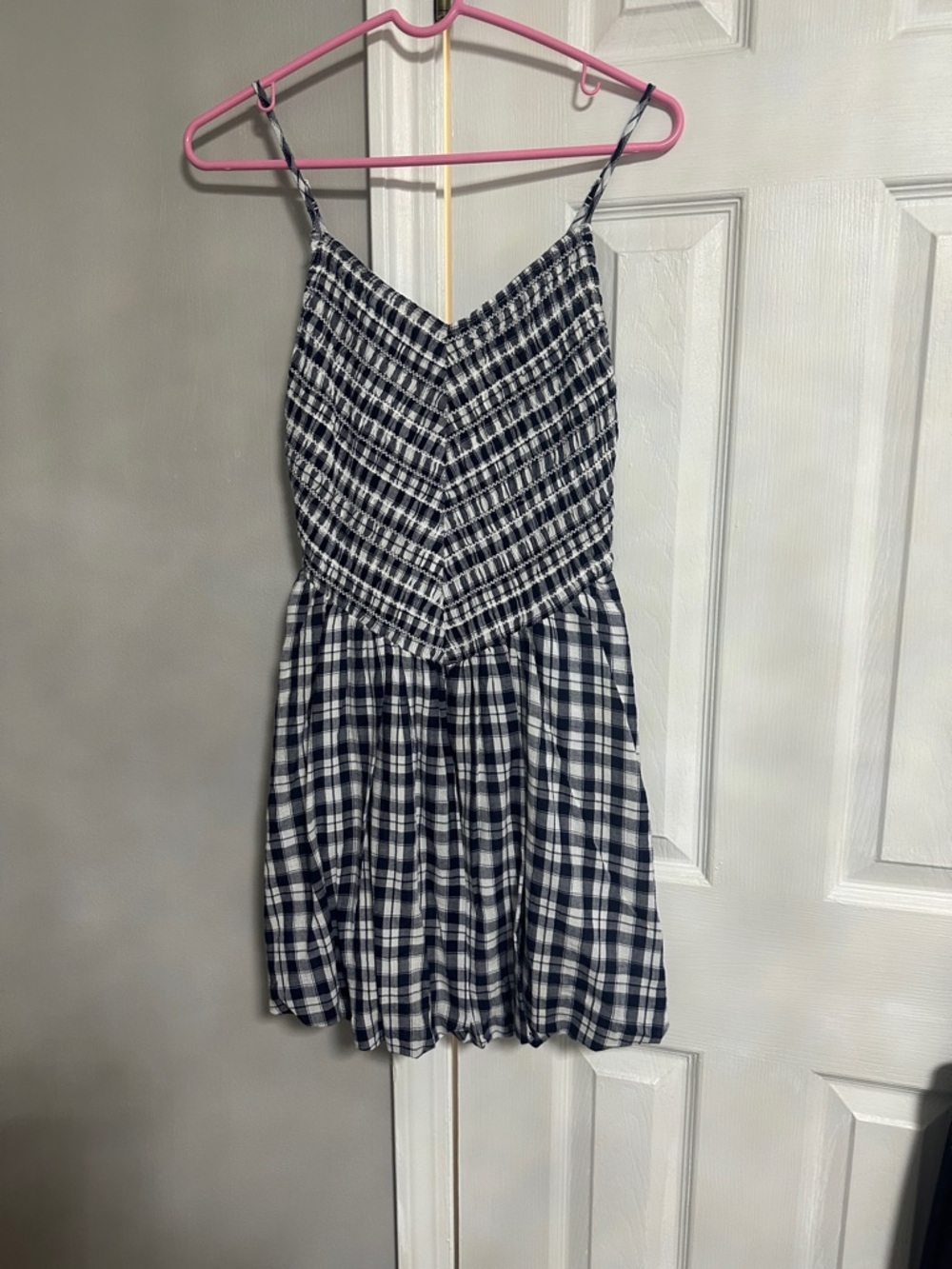 American Eagle Outfitters Navy and White Plaid Smocked Mini Dress